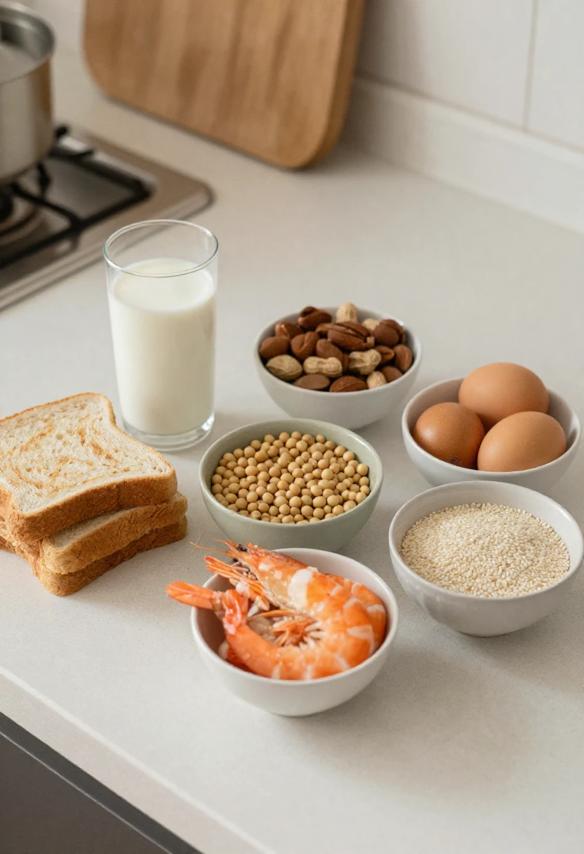 Common food allergens arranged in separate bowls on a clean kitchen counter.
