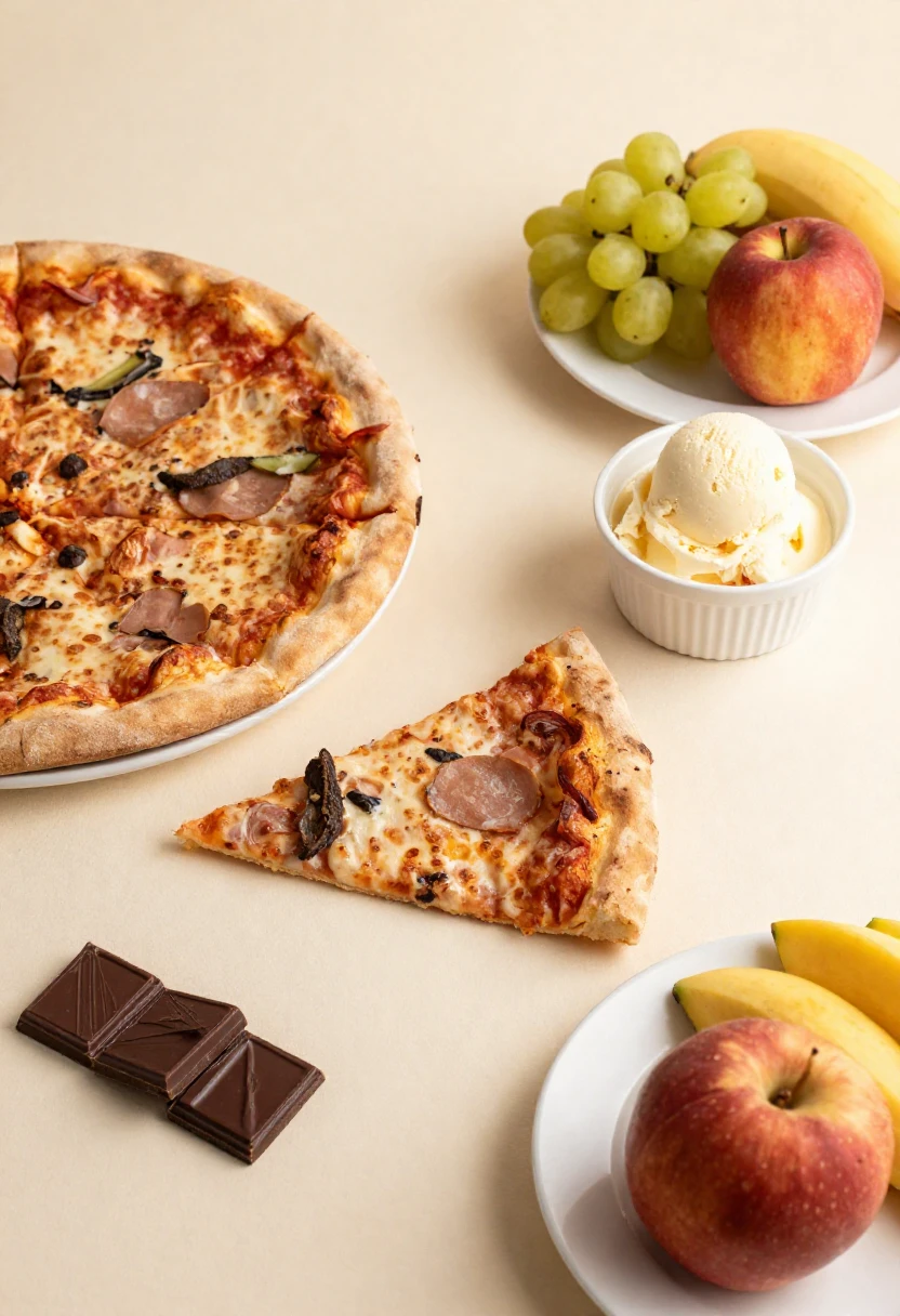 Pizza, chocolate, ice cream, and fruit arranged as guilt-free favorite foods