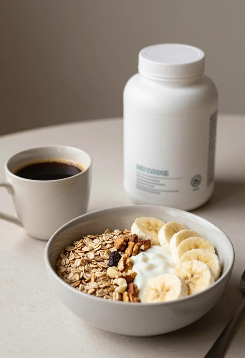 Coffee, supplements, and a nourishing breakfast bowl showing common myths about B vitamins and energy.