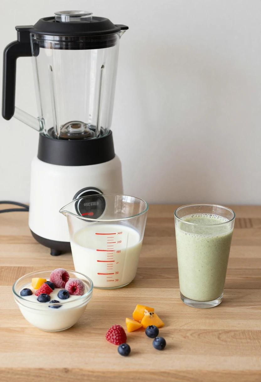 Countertop blender with a jug of milk, a glass of green smoothie, and a bowl of yogurt topped with raspberries and blueberries on a wooden table.
