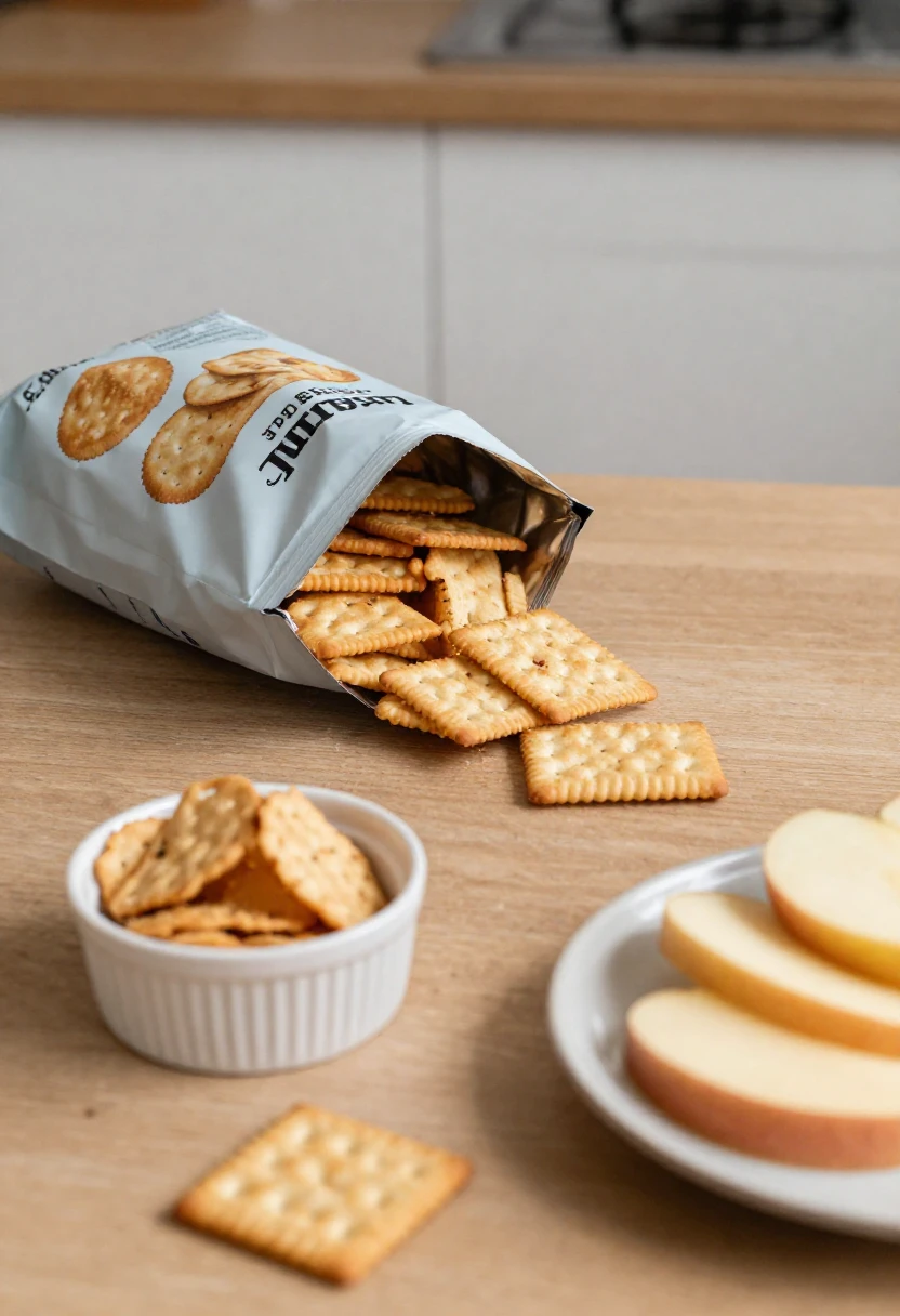 Portioned snack bowl next to an open snack bag with apple slices and cheese.