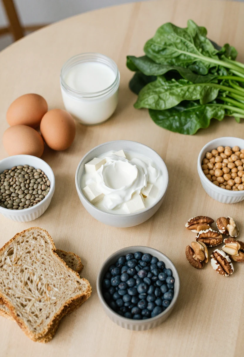 Assorted healthy foods on a wooden table: spinach, eggs, milk, yogurt with cubed cheese, bread, blueberries, lentils, chickpeas, pecans, and walnut halves.