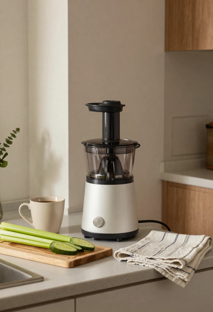 Compact juicer on a small kitchen counter for daily green juice
