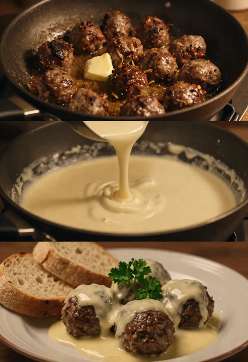 Collage of creamy Swedish meatball gravy preparation and serving