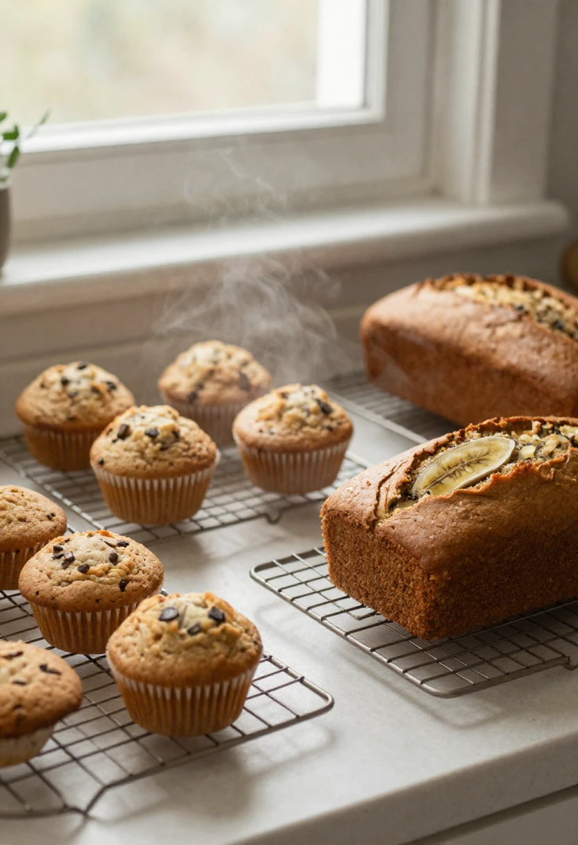 Baked muffins, cookies, and banana bread cooling completely before freezing.