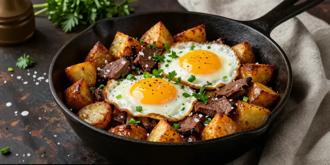 Beautifully styled corned beef hash with crispy potatoes, fried eggs, and fresh herbs in a cast iron skillet.