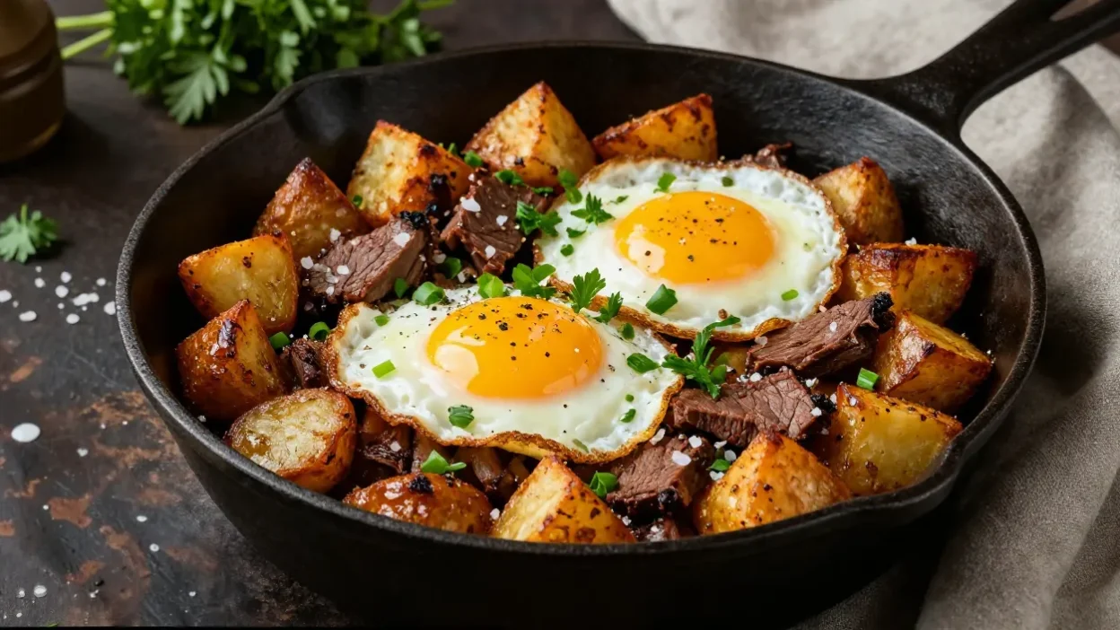 Beautifully styled corned beef hash with crispy potatoes, fried eggs, and fresh herbs in a cast iron skillet.