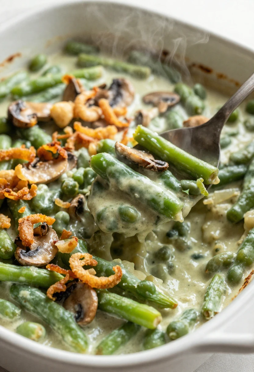 Creamy green bean casserole with tender beans and crispy onion topping