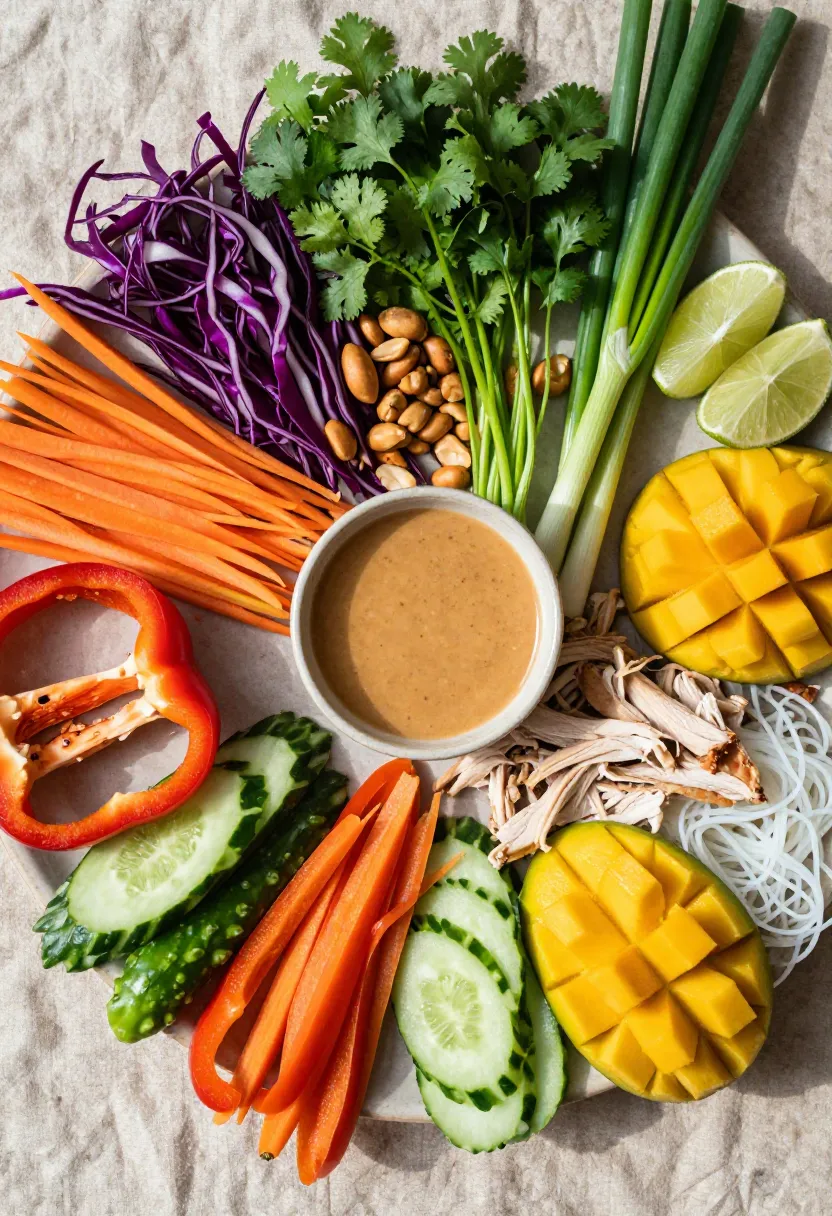 Colorful Thai chicken salad ingredients arranged on a table