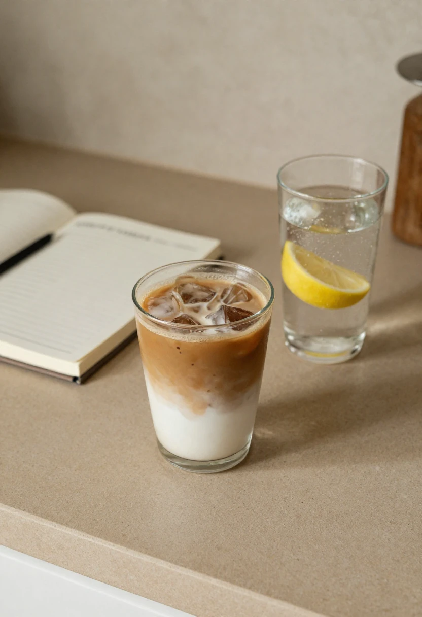 Small sweet coffee beside lemon water and sparkling water, showing simple ways to cut back on sugary drinks.