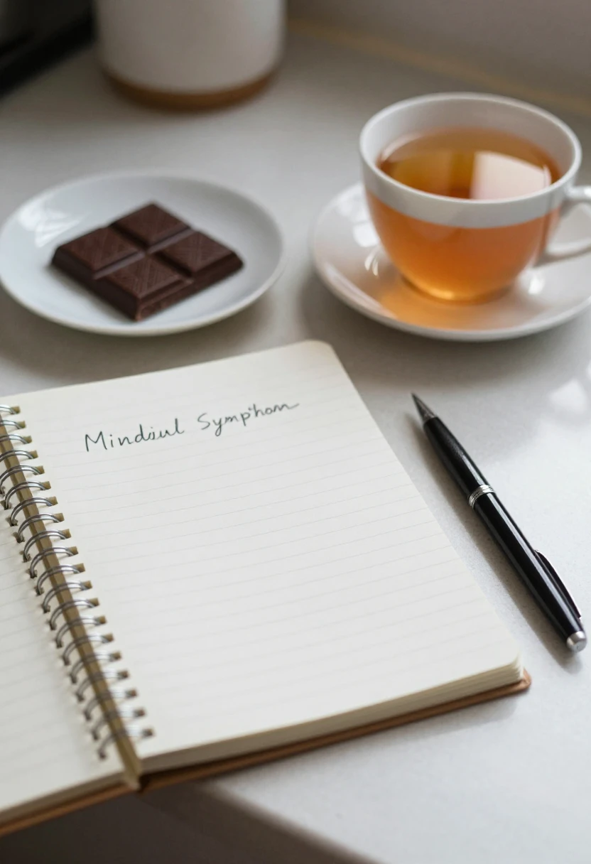 Dark chocolate with tea and a notebook for mindful food tracking.
