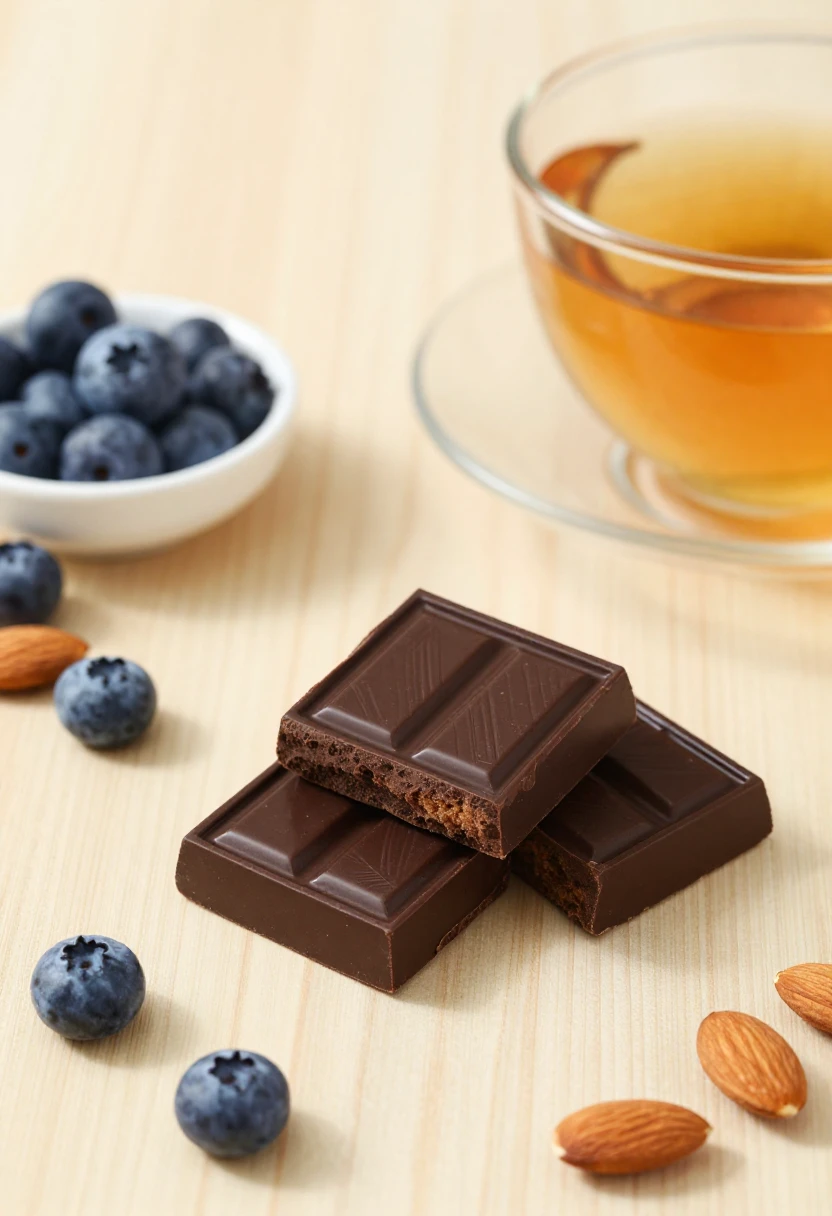 Dark chocolate served with blueberries, almonds, and tea as a healthy treat.