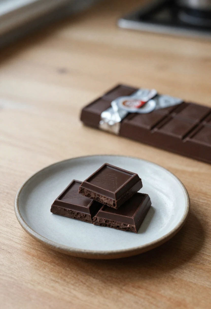 Three dark chocolate squares stacked on a light ceramic plate, with a larger chocolate bar in the blurred background on a wooden surface.