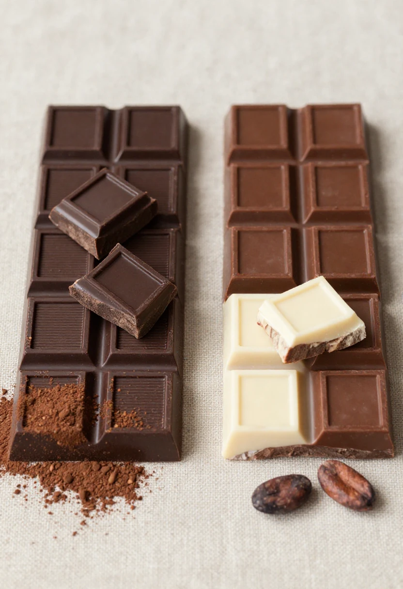 Dark chocolate and milk chocolate pieces displayed side by side with cocoa beans.