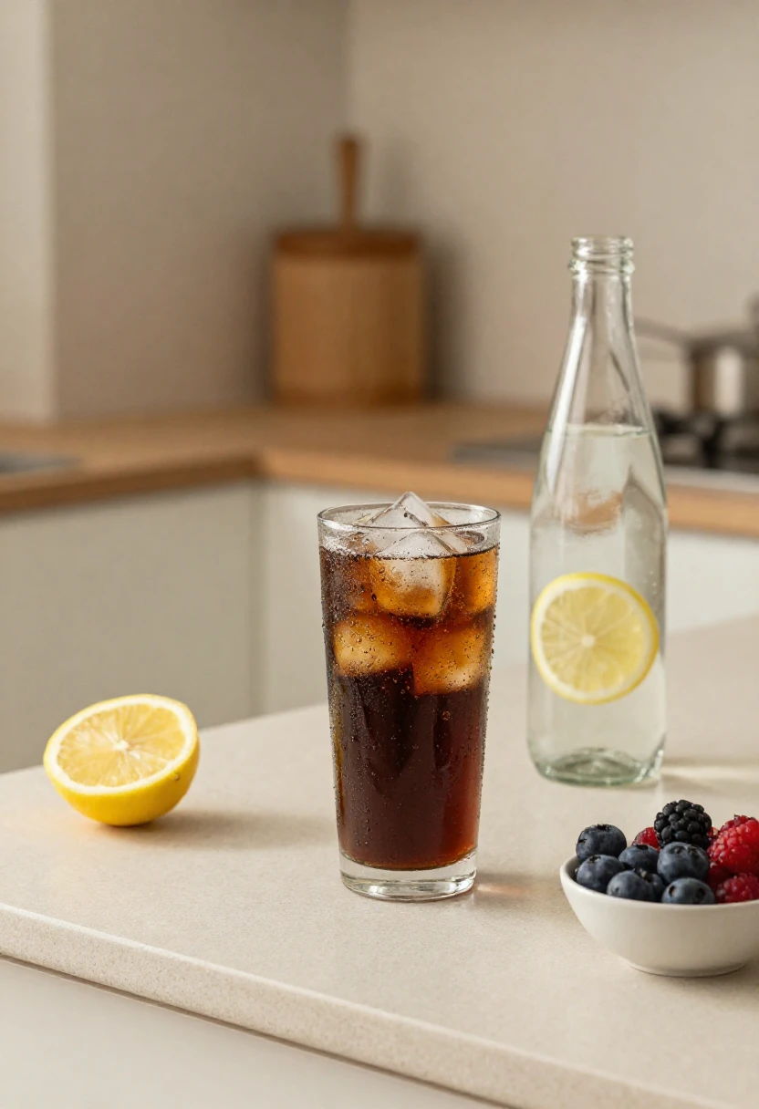 Glass of iced cola with ice on a kitchen counter, accompanied by a lemon half, a lemon-water bottle, and a bowl of berries nearby.