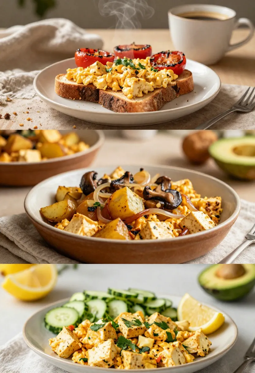 Seasonal tofu scramble collage with cozy brunch, crispy potatoes, herbs, and fresh toppings.