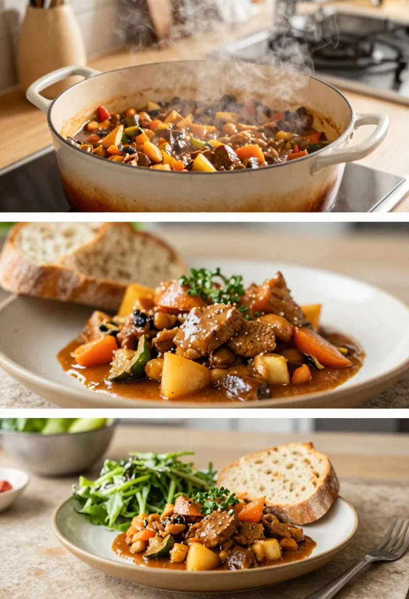 Large pot of beef stew with potatoes, carrots, and peppers steaming on the stove, aroma rising from the pot