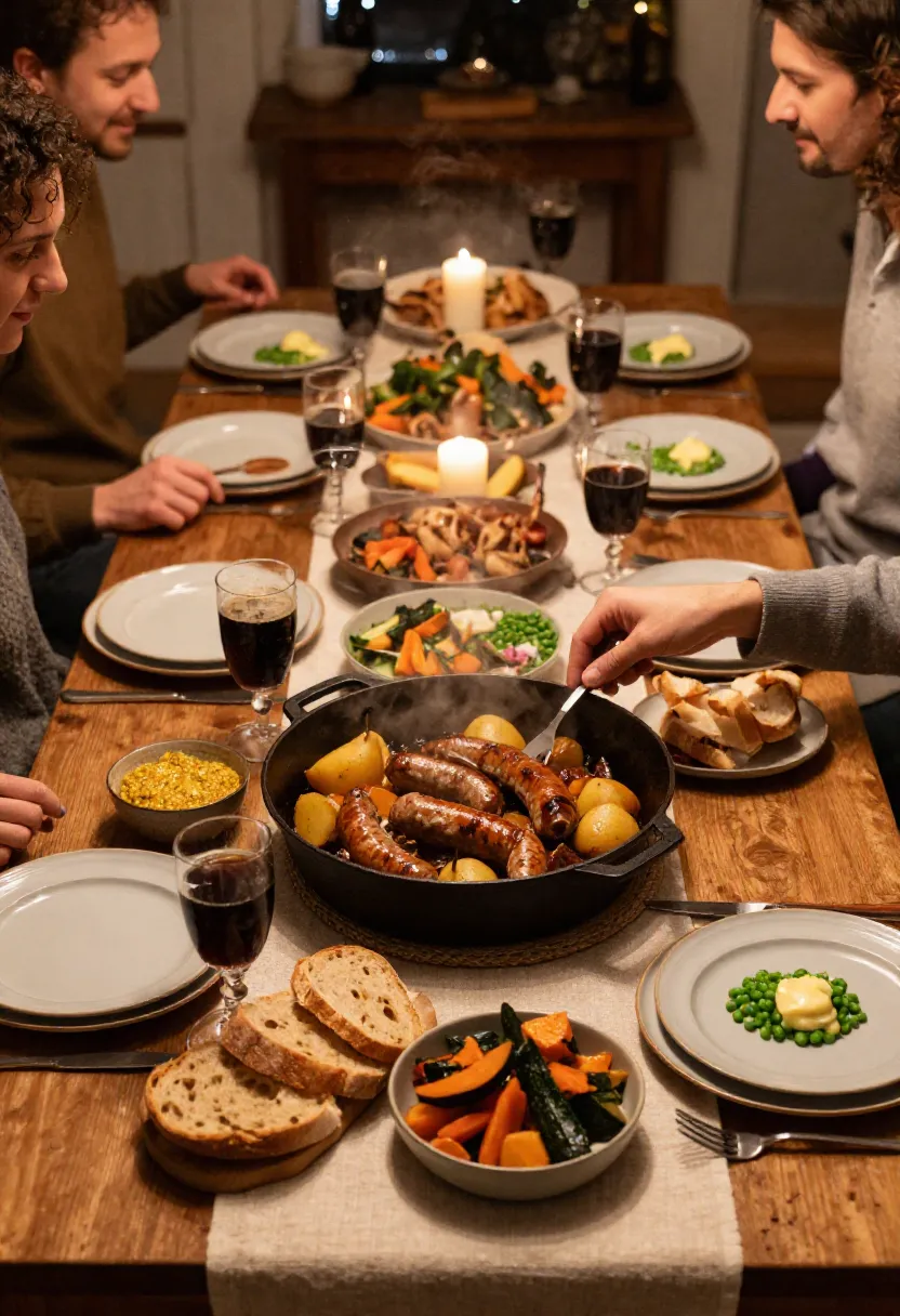 People enjoying braised sausages with pears and potatoes at a large cozy dinner table filled with rustic side dishes and warm lighting.