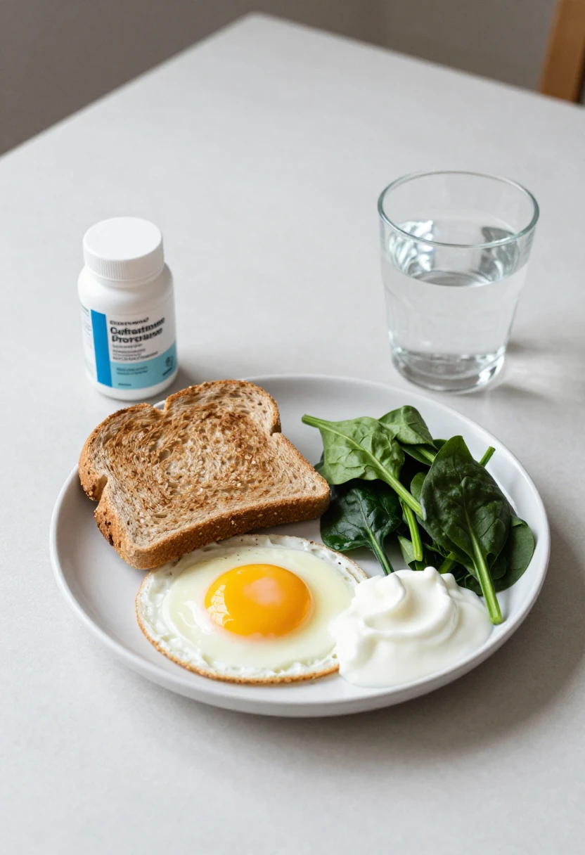 A healthy breakfast beside an unbranded supplement bottle, showing food-first nutrition.