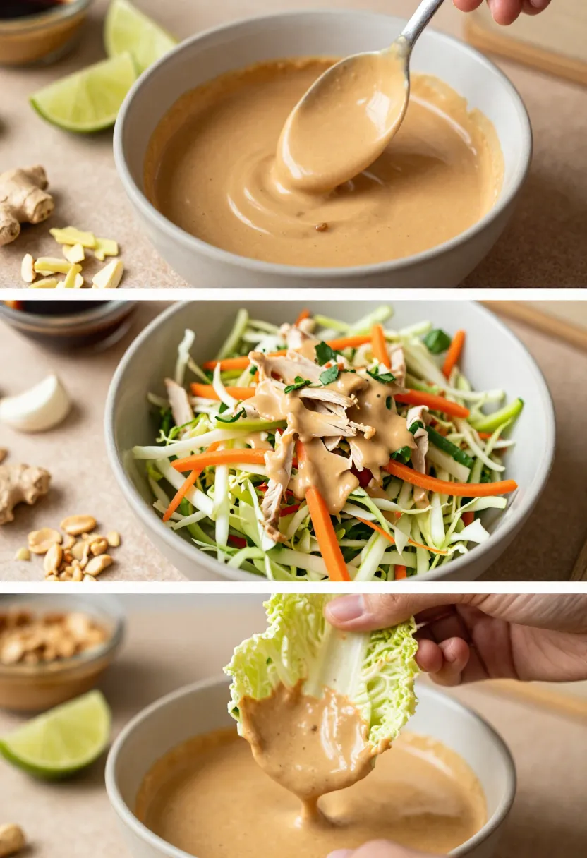Peanut lime dressing collage with fresh Thai salad ingredients