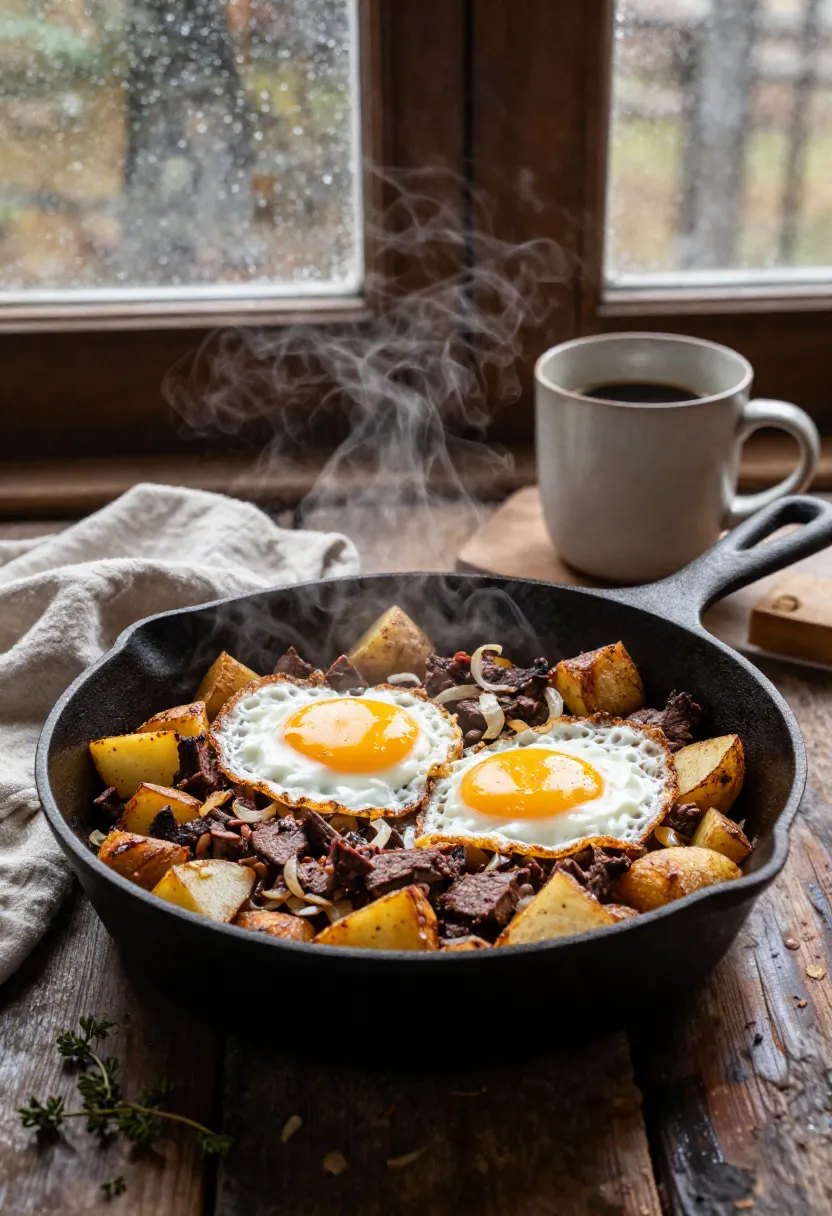 Cozy corned beef hash breakfast with crispy potatoes, eggs, and coffee on a cold autumn morning.
