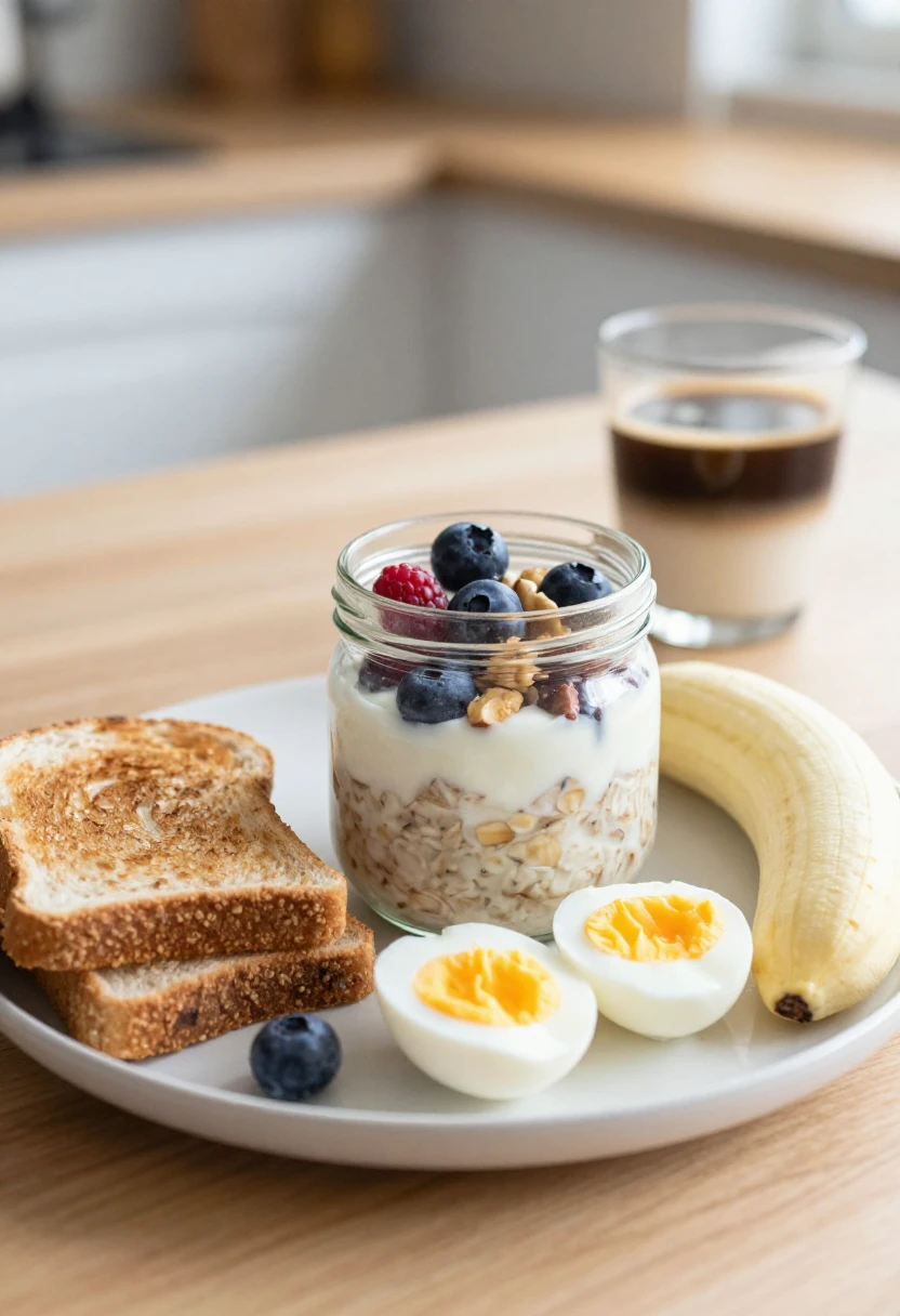 Breakfast plate featuring a yogurt parfait in a jar with oats, berries and nuts, plus toast, hard-boiled eggs, a banana, and coffee in the background.