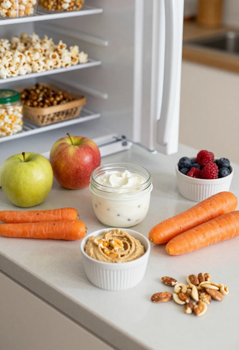 Healthy snack spread on a white countertop: apples, carrots, berries, nuts, and two dips with an open refrigerator in the background.