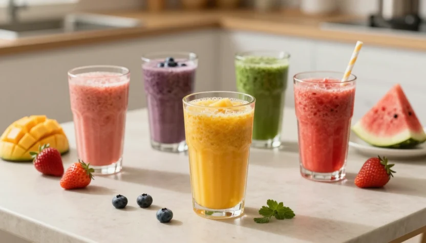Colorful summer smoothies with fresh fruit on a bright kitchen table.