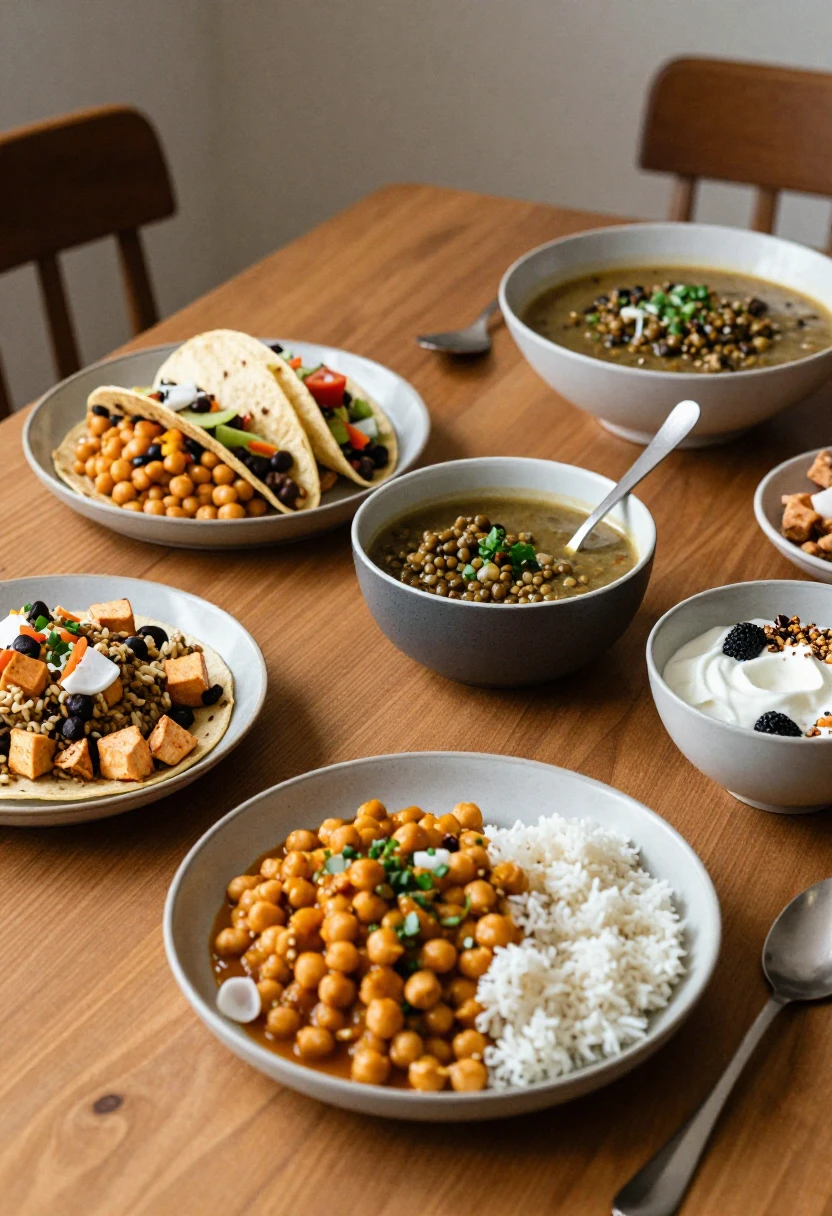 Chana masala over white rice in a bowl, with lentil soup, bean-topped veggie tacos, and a yogurt bowl with berries on a wooden table.