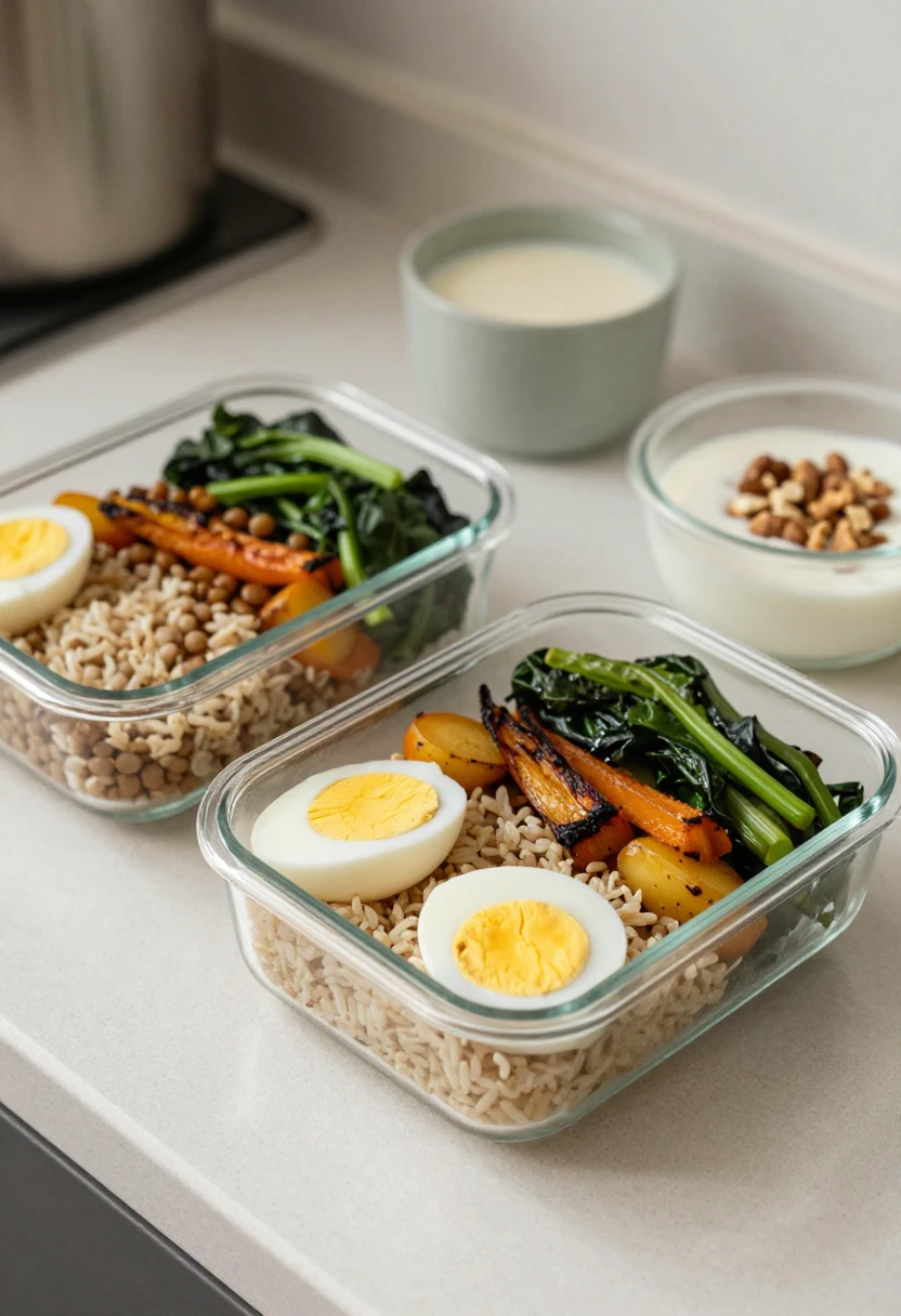 Simple meal prep with lentils, rice, eggs, vegetables, yogurt, and nuts for B vitamins.