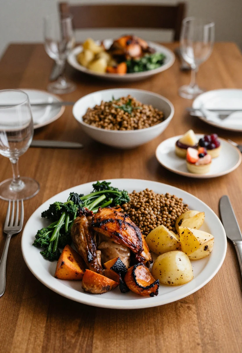 Balanced holiday meal served before dessert to support calmer dessert choices.