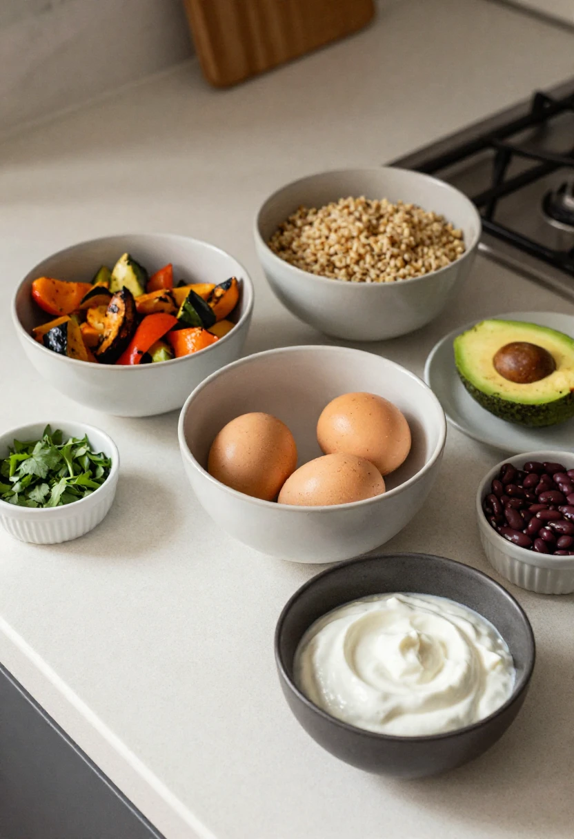 Bowl of three brown eggs with a side of chopped vegetables, avocado, beans, yogurt dip, and grains on a kitchen counter.