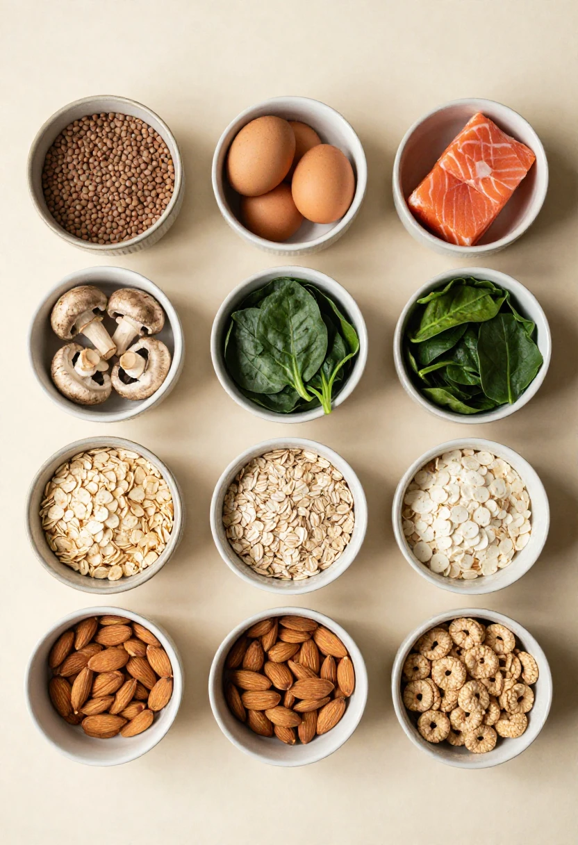 Assorted bowls of healthy foods: lentils, eggs, salmon, mushrooms, spinach, oats, almonds, and cereals arranged in a grid.
