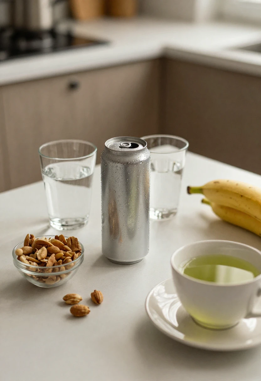 Tabletop with a can of sparkling drink, two water glasses, bowl of almonds, bananas, and a cup of green tea on a bright kitchen counter.