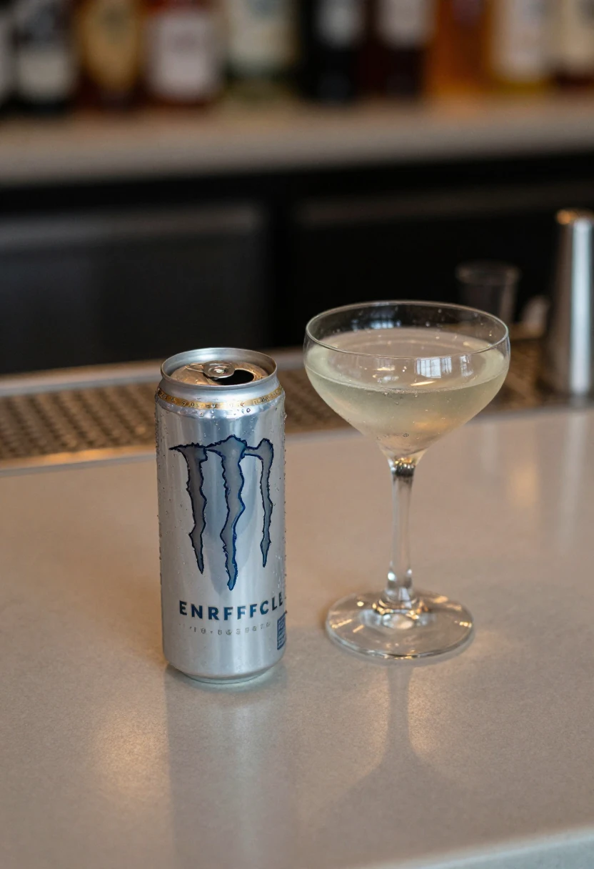 Energy drink near alcoholic drink showing the risk of mixing caffeine and alcohol
