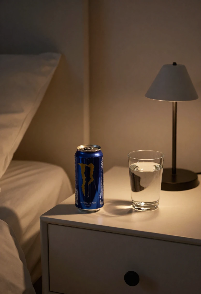 Blue Monster energy drink can and a glass of water on a white nightstand beside a lit bedside lamp.