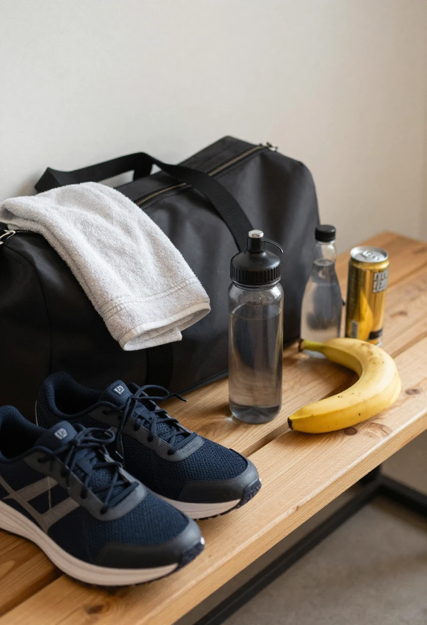 Energy drink beside workout gear and a banana before exercise