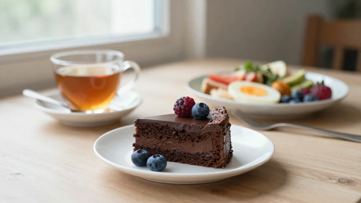 Favorite foods and balanced eating shown with chocolate cake, berries, tea, and a cozy meal