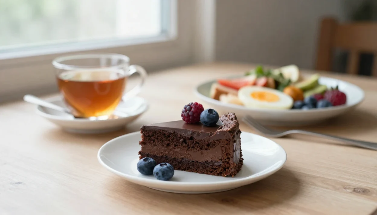 Favorite foods and balanced eating shown with chocolate cake, berries, tea, and a cozy meal