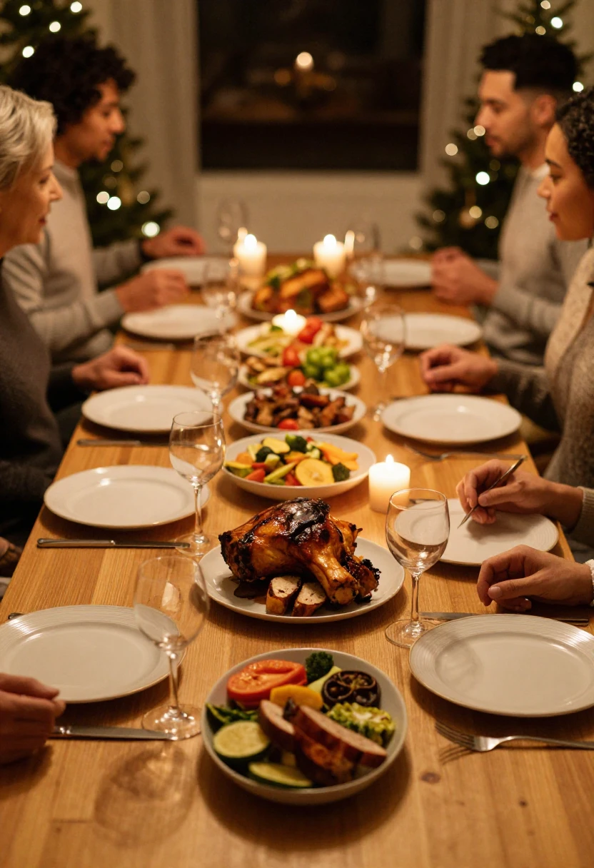 Family enjoying a relaxed holiday meal together at a warm candlelit table.