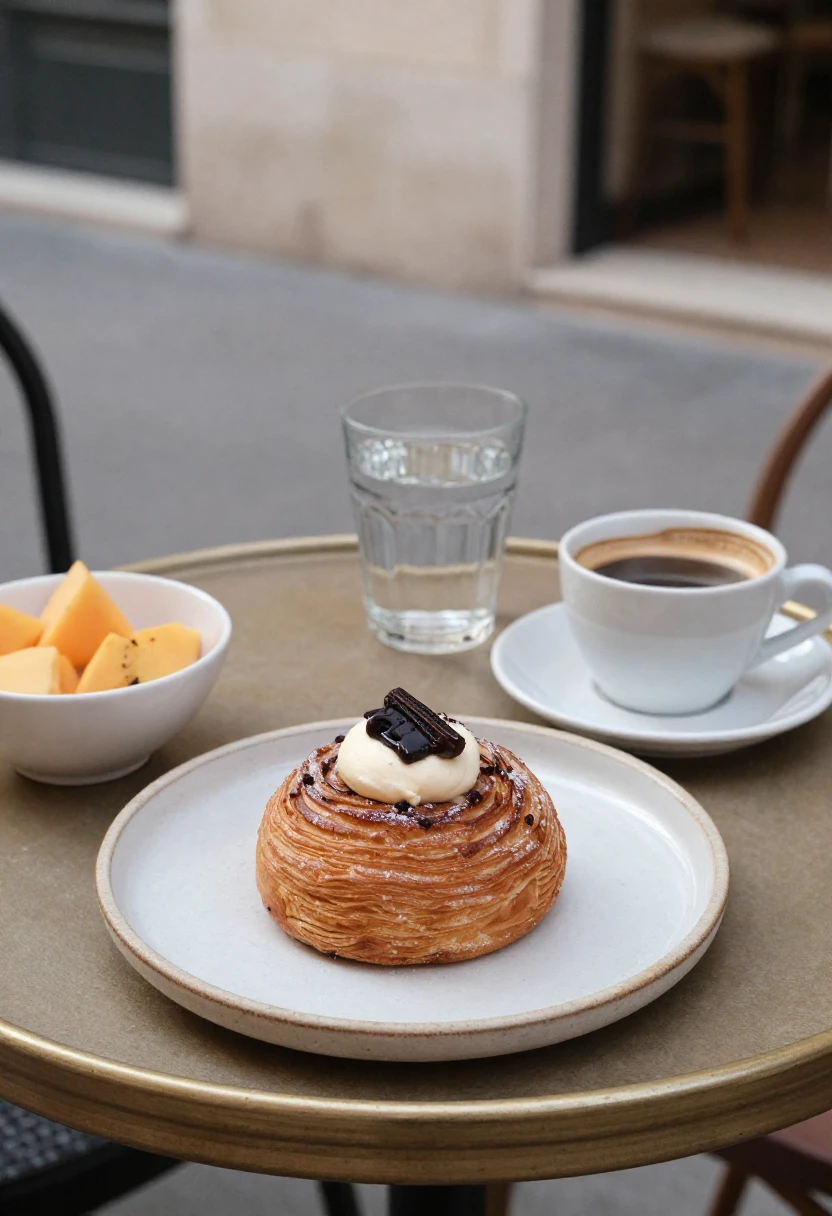 A local pastry with coffee, water, and fruit on a café table, showing a balanced way to enjoy treats while traveling.