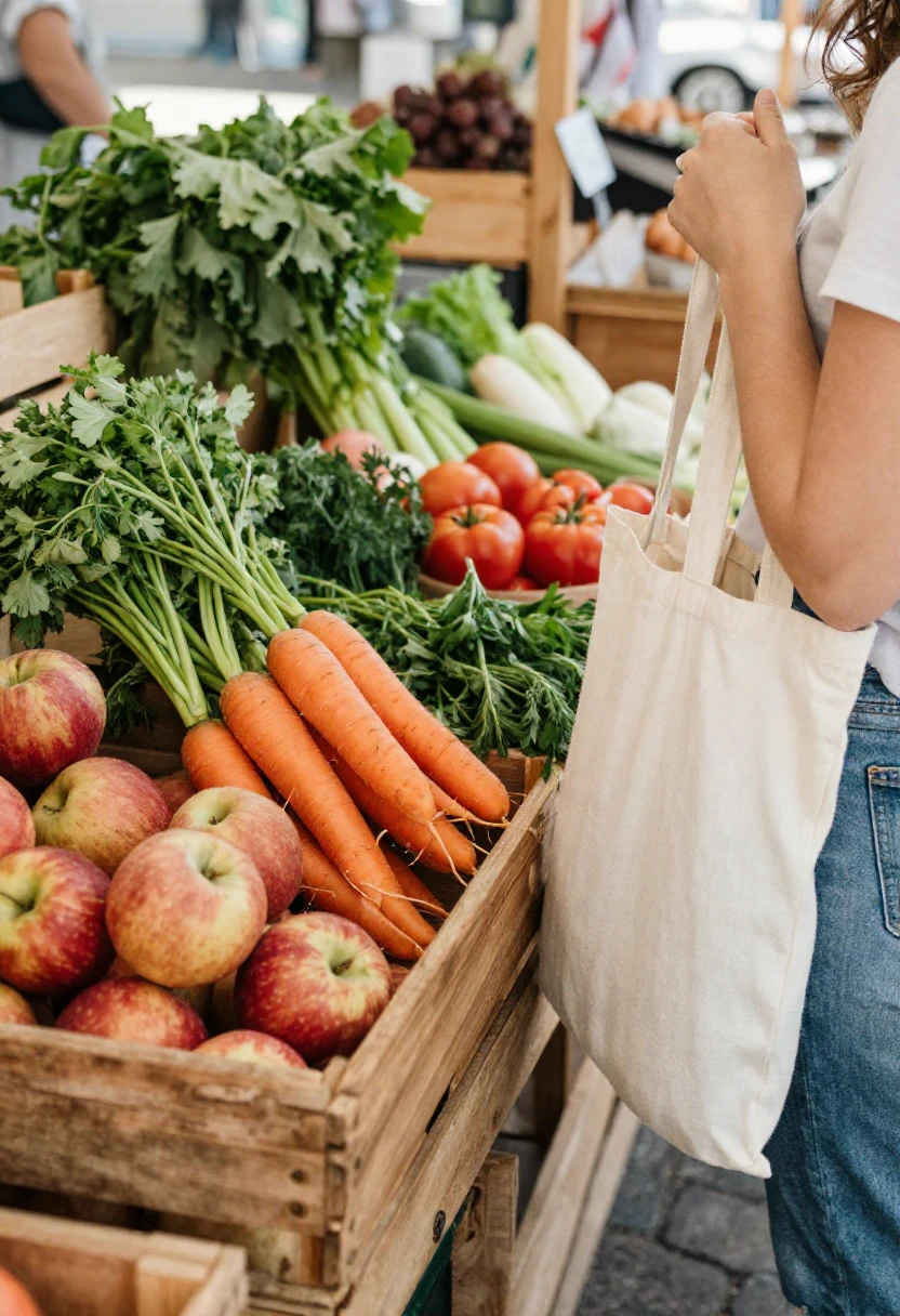 Fresh local produce at a farmers market with a reusable shopping bag.