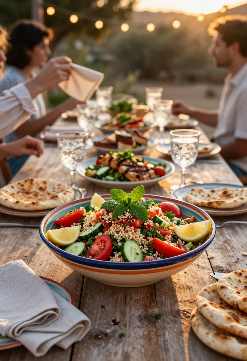 Fattoush salad served outdoors during a warm summer dinner with grilled food and golden evening light.