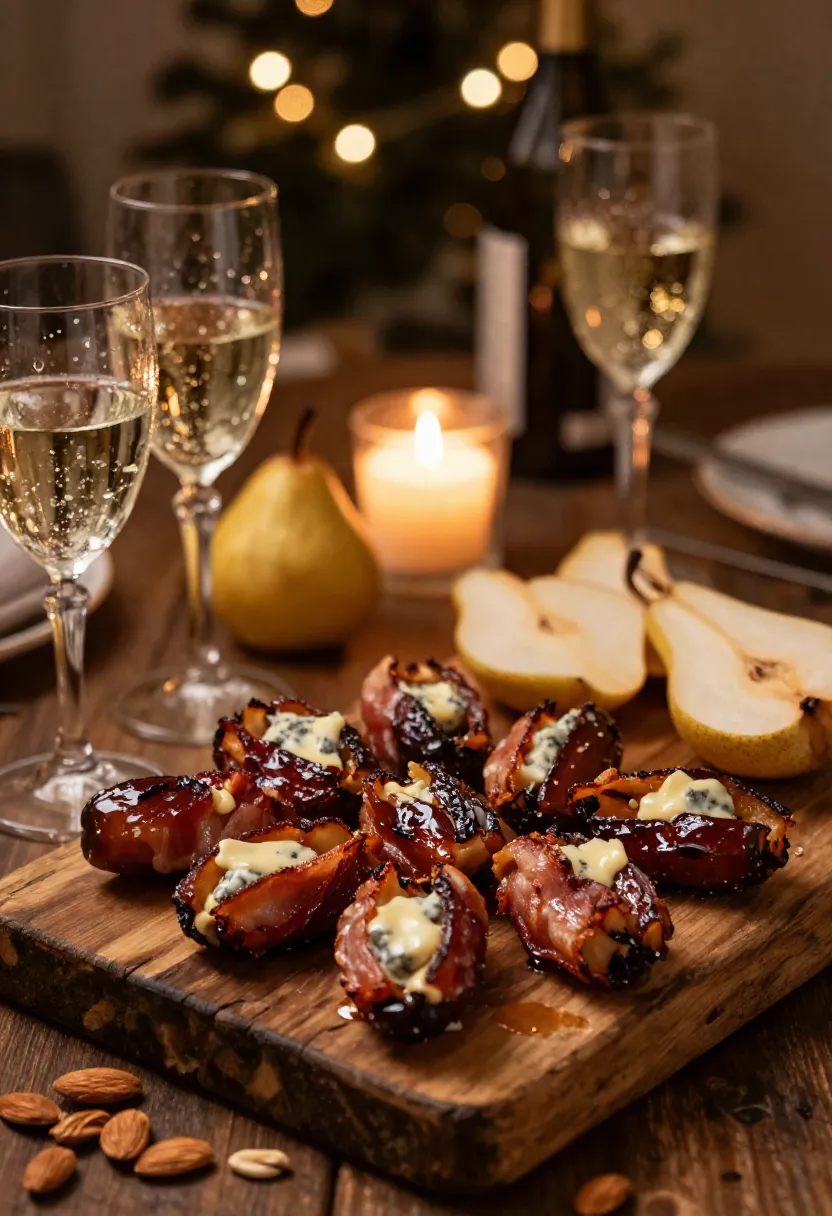 Bacon-wrapped appetizers with melted cheese on a wooden board, surrounded by champagne glasses, pears, and candlelight in a festive setting.