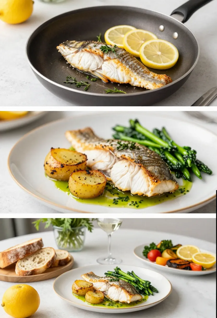 Editorial collage showing a light and comforting fish dinner with vegetables, herbs, and warm serving details.