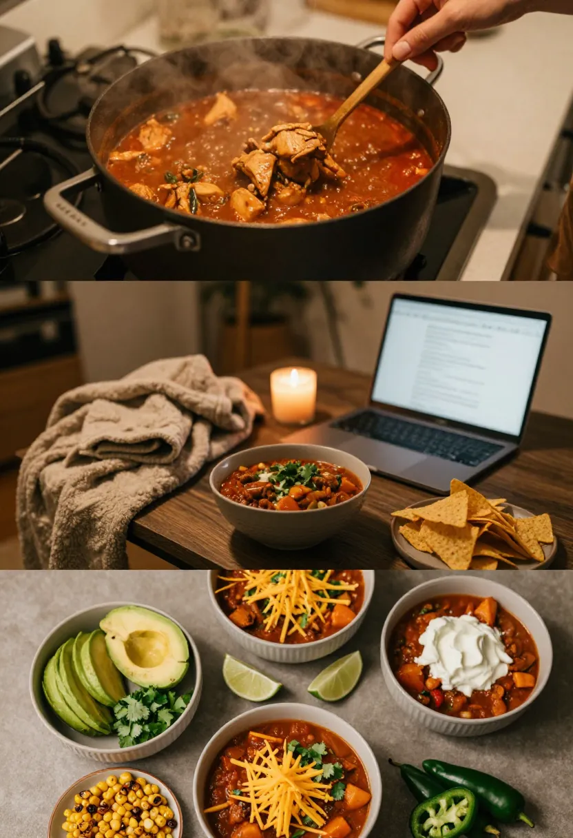 Collage of three scenes: beef stew simmering in a pot on the stove; a cozy table setup with chili, tortilla chips, and a laptop; and several bowls of chili with toppings such as cheese, sour cream, avocado, lime, and jalapeños.