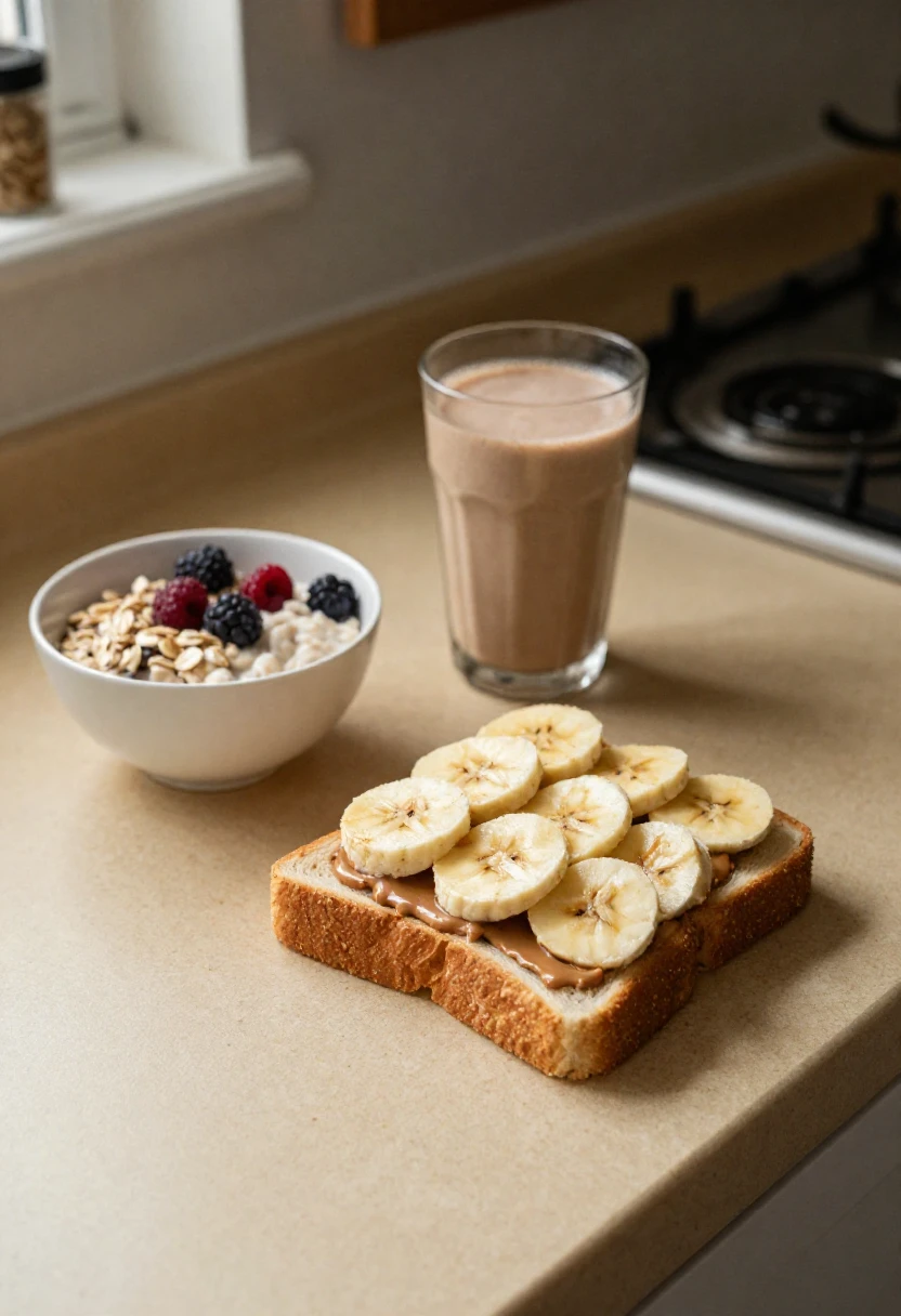 Five-minute healthy breakfast with toast, oatmeal, and smoothie.