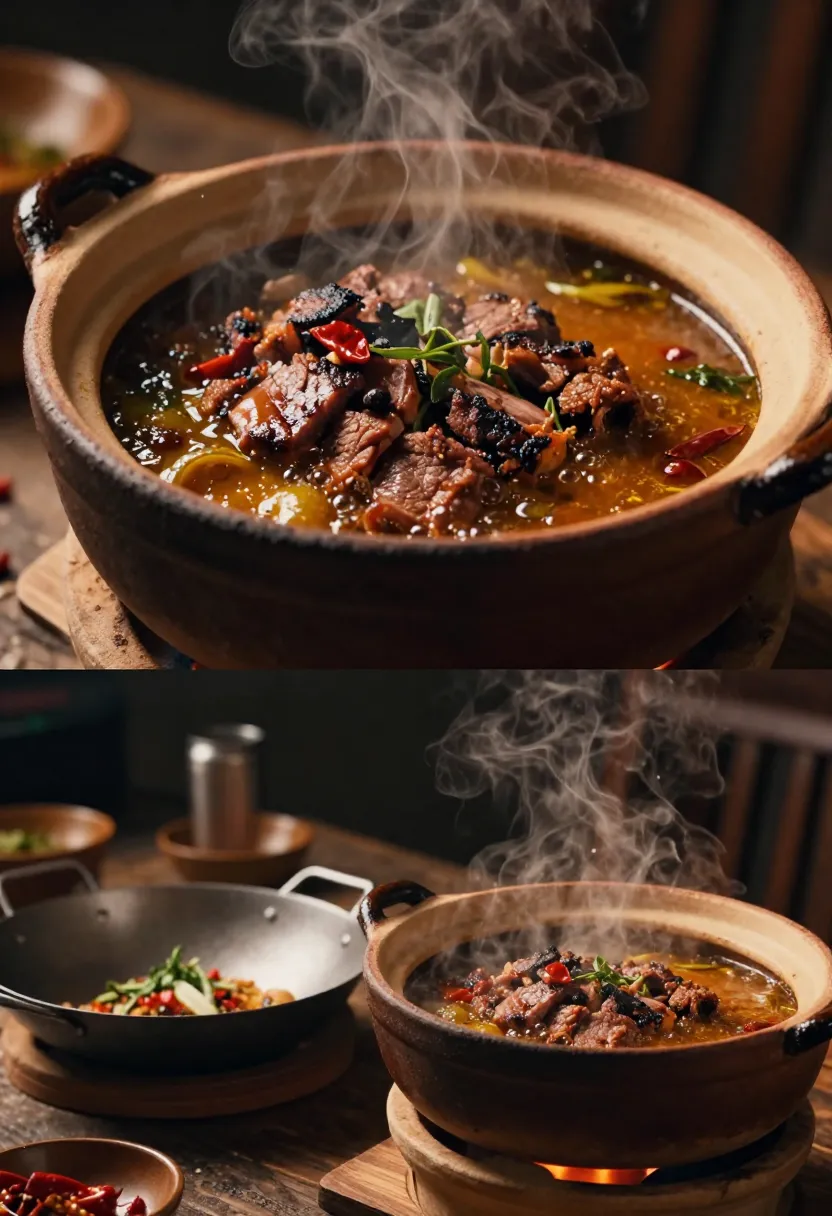 Thai Crying Tiger beef bubbling in a rustic clay pot with smoky sauce and herbs