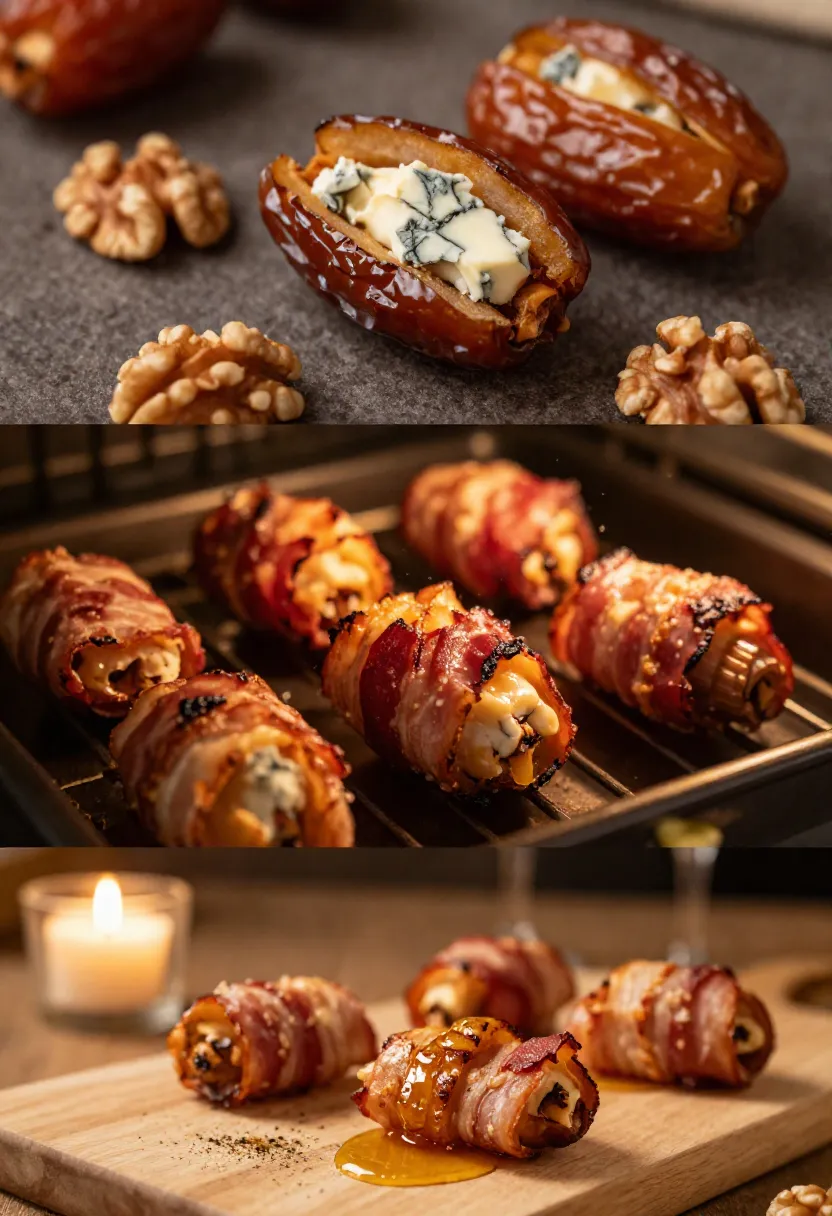 Bacon-wrapped dates stuffed with blue cheese and walnuts, baked and arranged on a baking sheet.