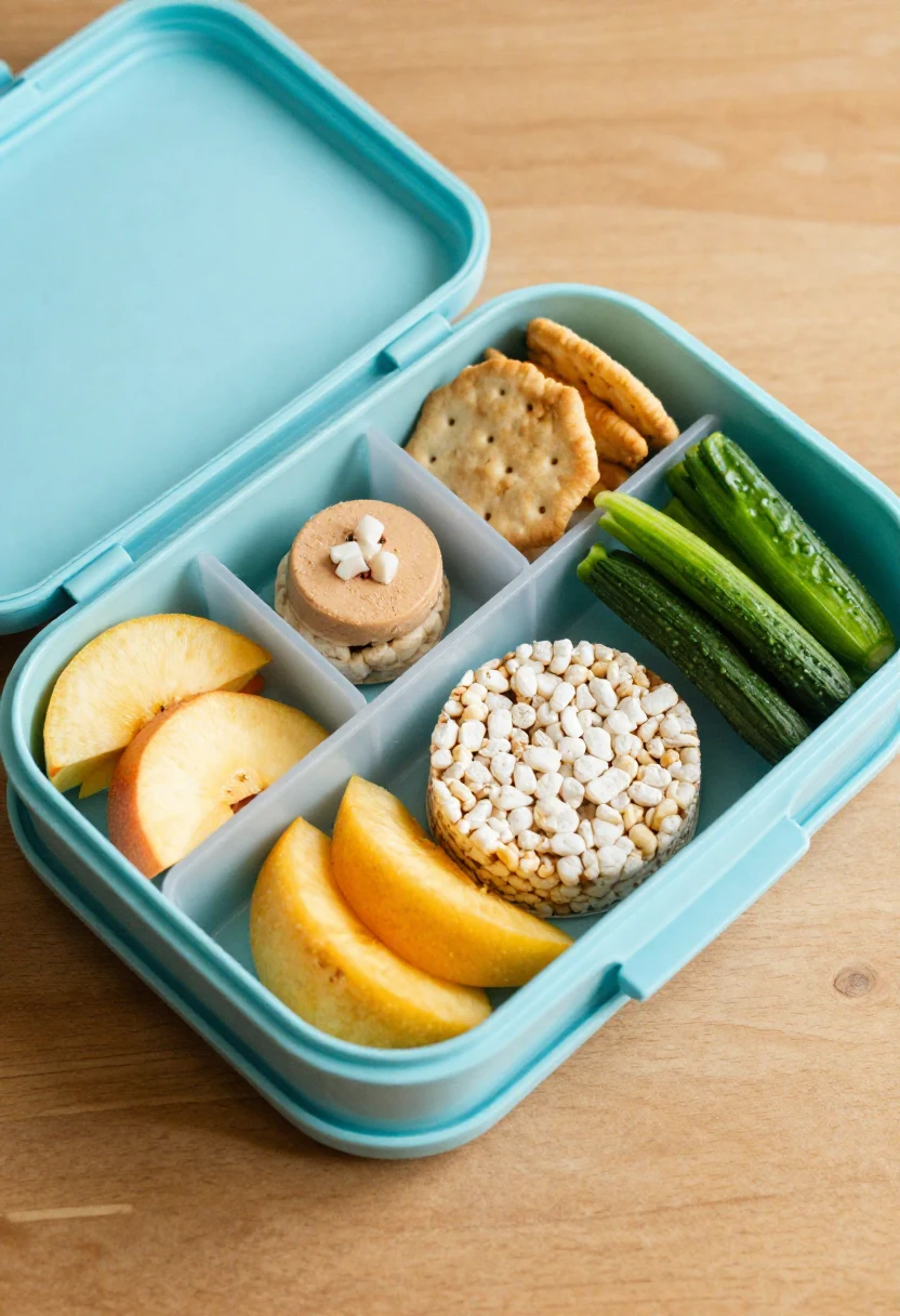 Blue segmented lunchbox with apple and peach wedges, cucumber sticks, crackers, and round snack balls arranged in separate compartments for a healthy snack set.
